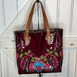 Consuela Wine Valentina Large Tote Mucho Embroidery 14”x14”x6” Leather Handles